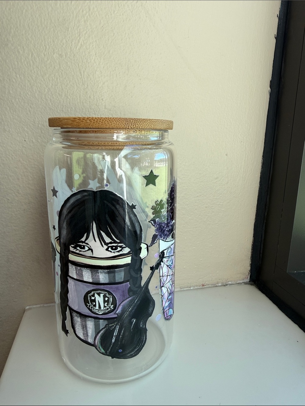 Hand Crafted Black and Purple Illustrated Glass Canister with Bamboo Lid